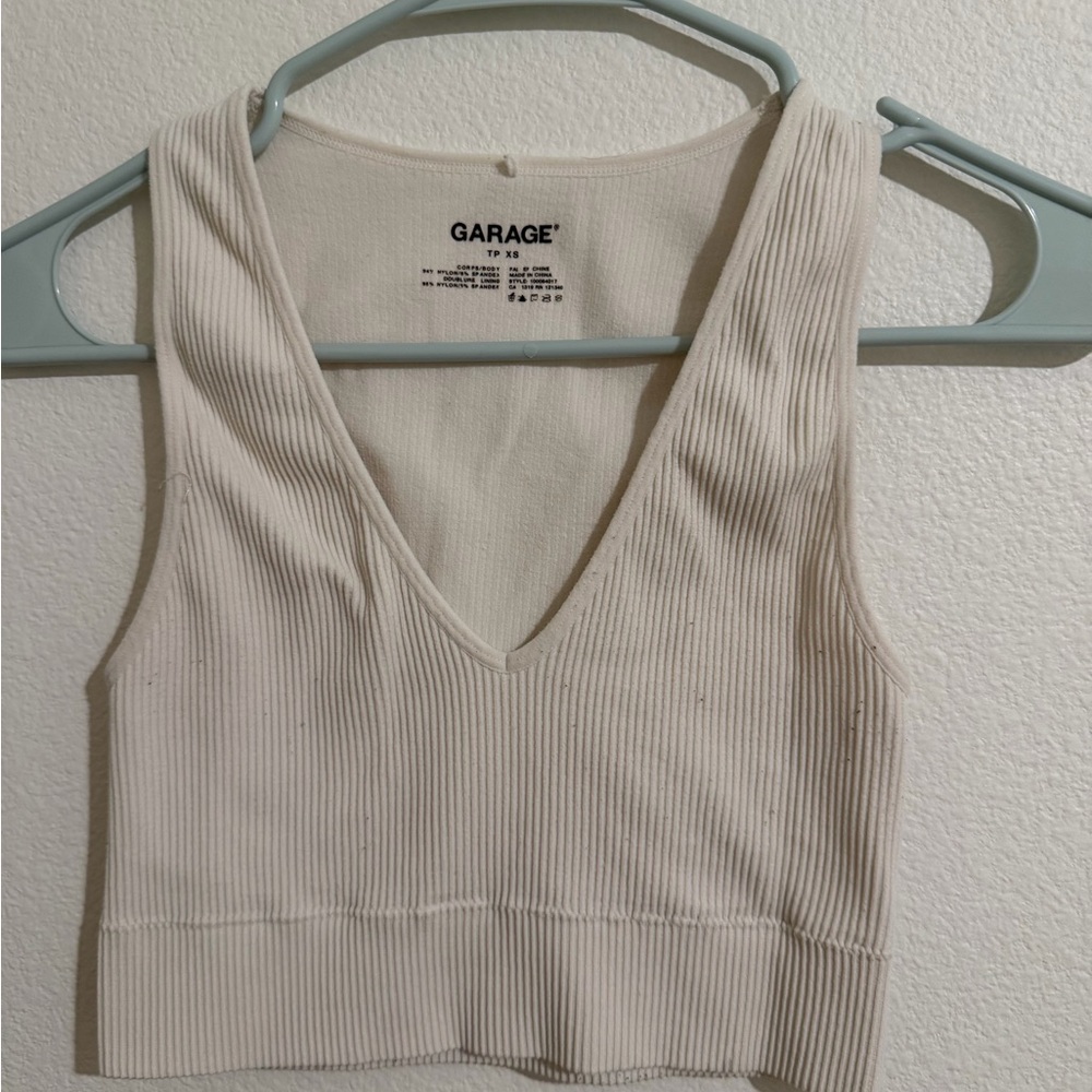 Garage Women's Off-White Ribbed V-Neck Crop Top